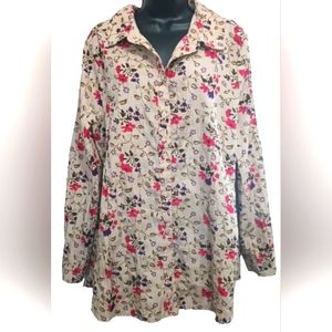 Just My Size Shirt, Size 2X, Tan Floral Button Down Blouse, Business or Casual